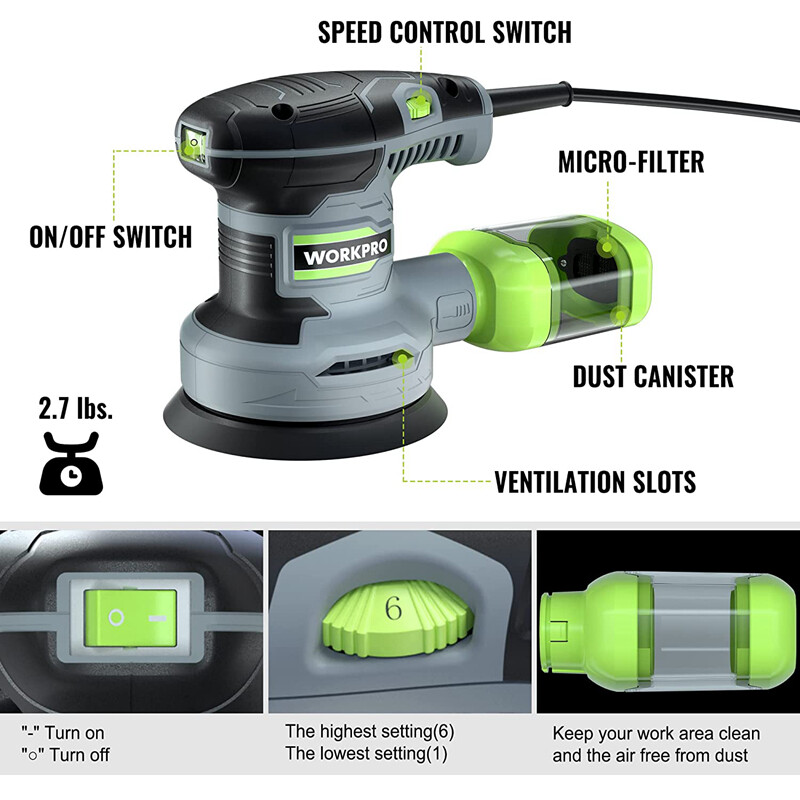 WORKPRO 5-Inch Random Orbit Sander 6 Variable Speeds 7000 to 14000 RPM 2.5 Amp