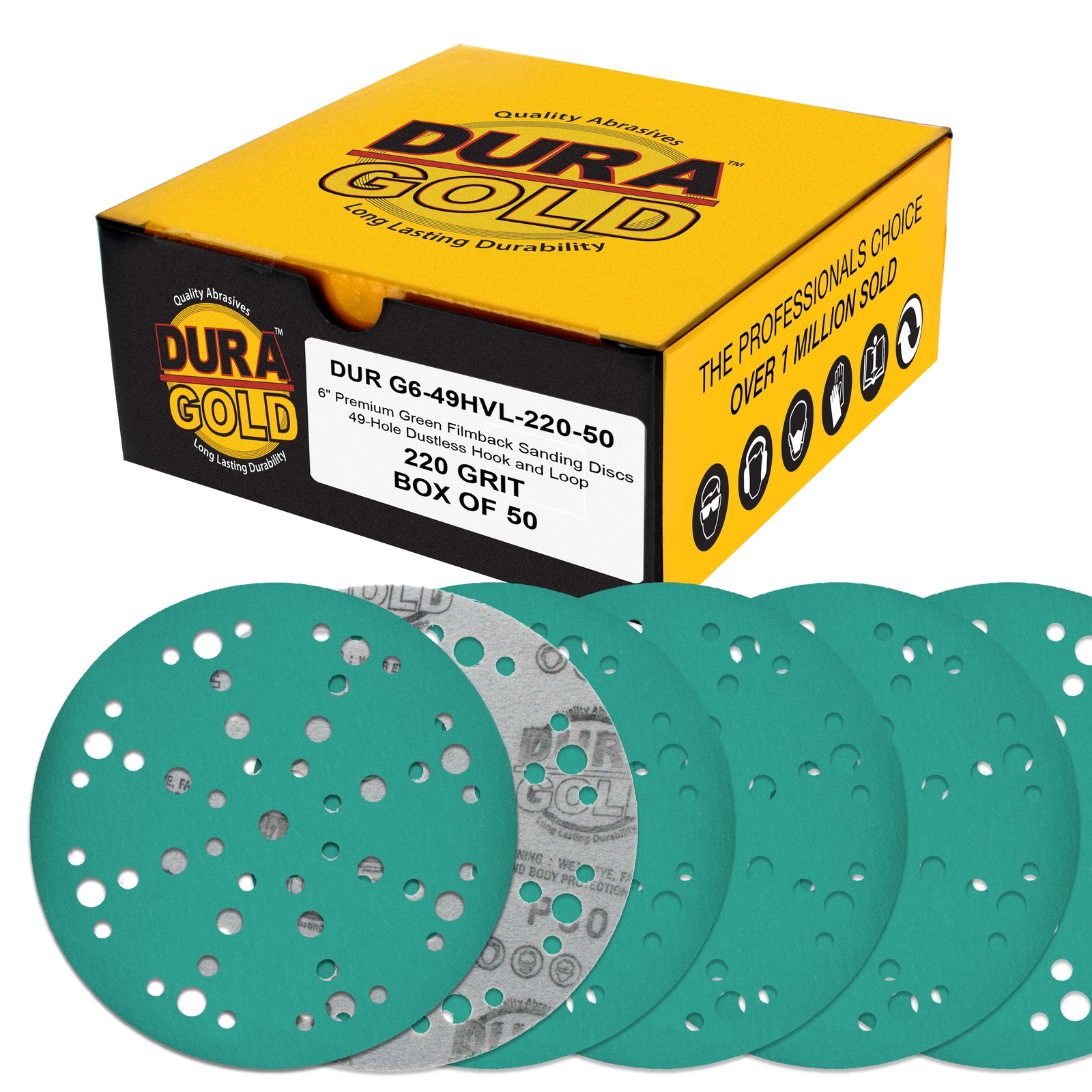 220 Grit 6″ Green Sanding Discs, 49-Hole, Box of 50 – Hook & Loop Sandpaper