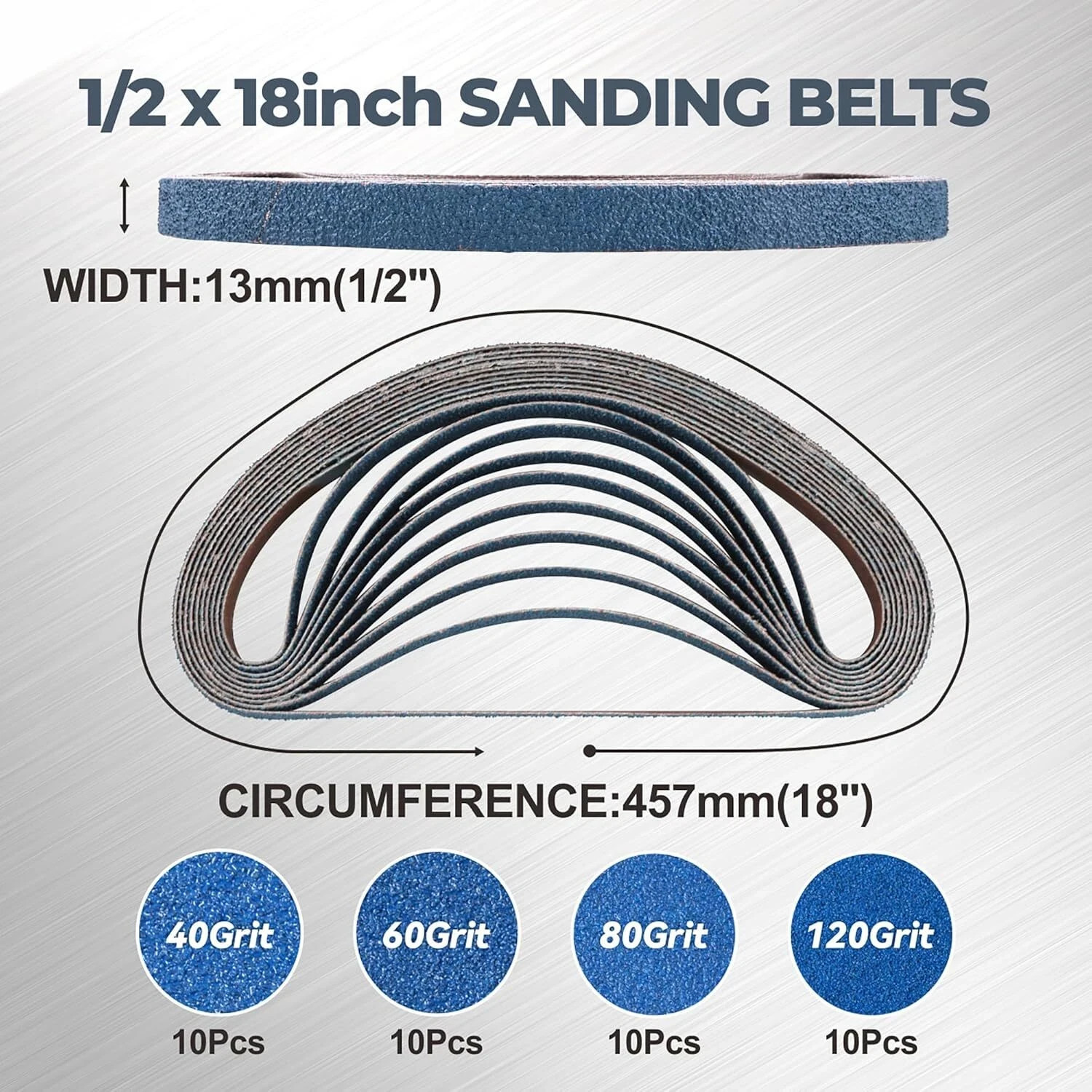 1/2 x 18 inch Zirconia Sanding Belts, 40Pcs 10 Each of 40/60/80/120 Assorted