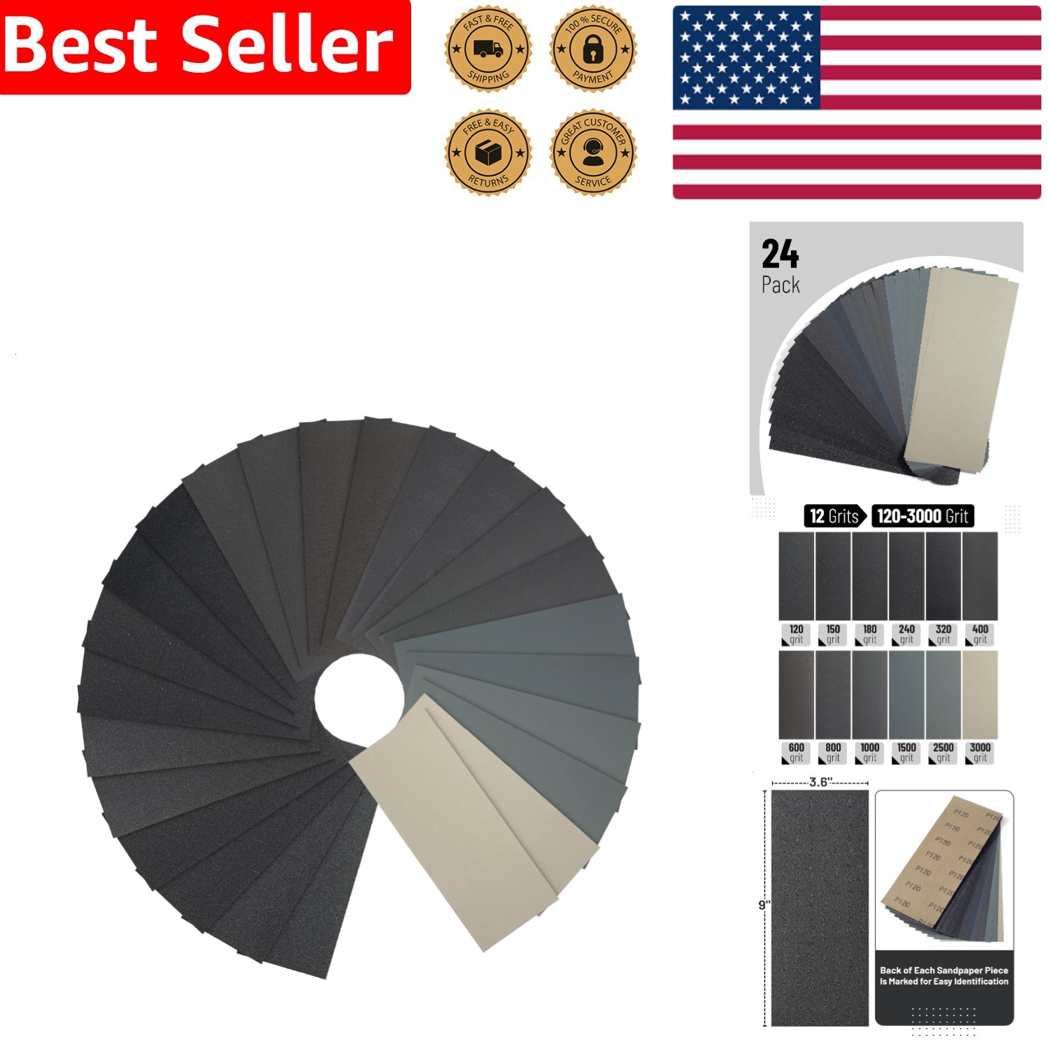 Bates Sandpaper 24pc Wet Dry Assortment Kit 120-3000 Grit Wood Metal Automotive