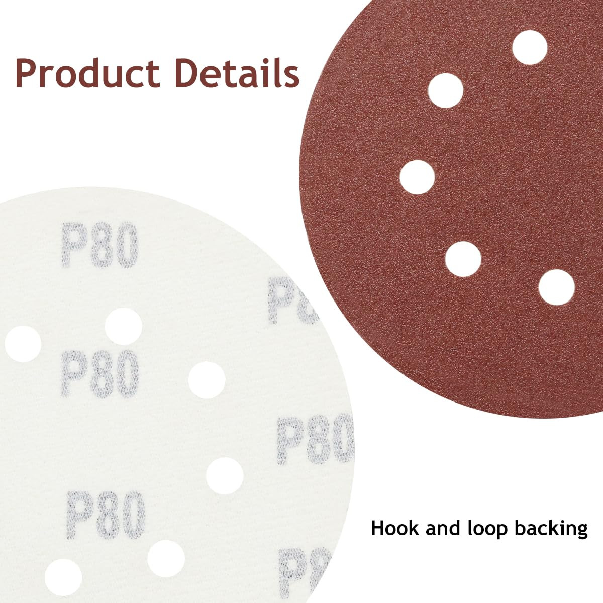 5 Inch 8 Hole Sanding Discs Hook and Loop, 50 PCS 80 Grit round Sand Paper
