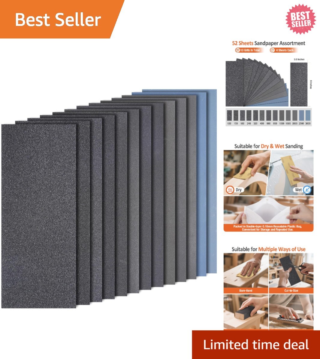 Sand Paper Assortment, 52 Sheets Assorted Grits 120/150/180/240/320/400/600/800/