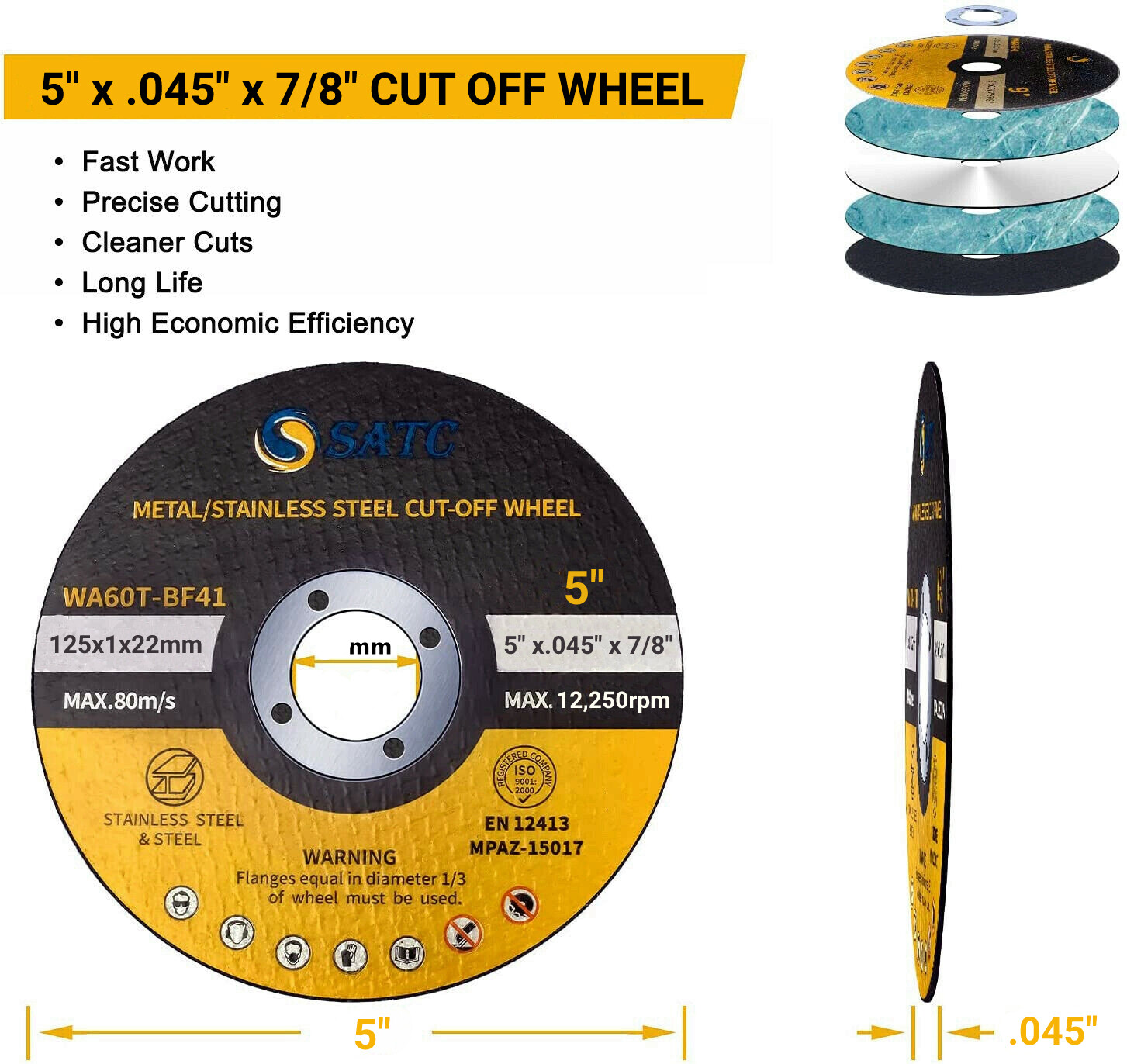 50 PACK 5″x.045″x7/8″ Cut Off Wheels Metal Stainless Steel Grinder Cutting Discs
