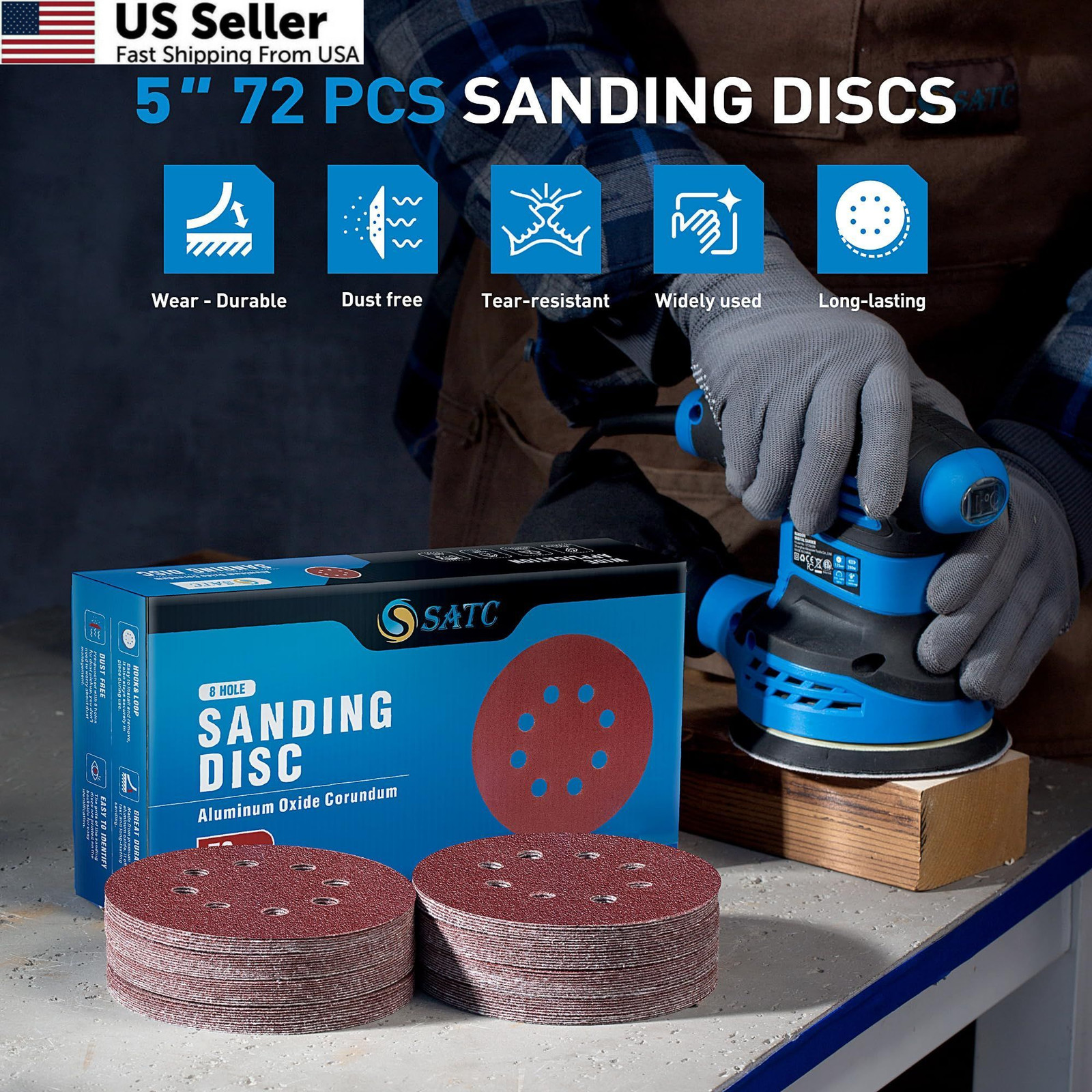 S SATC 72 PCS 5 Inch 8 Hole Hook and Loop Adhesive Sanding 72pcs 5 inch, Red