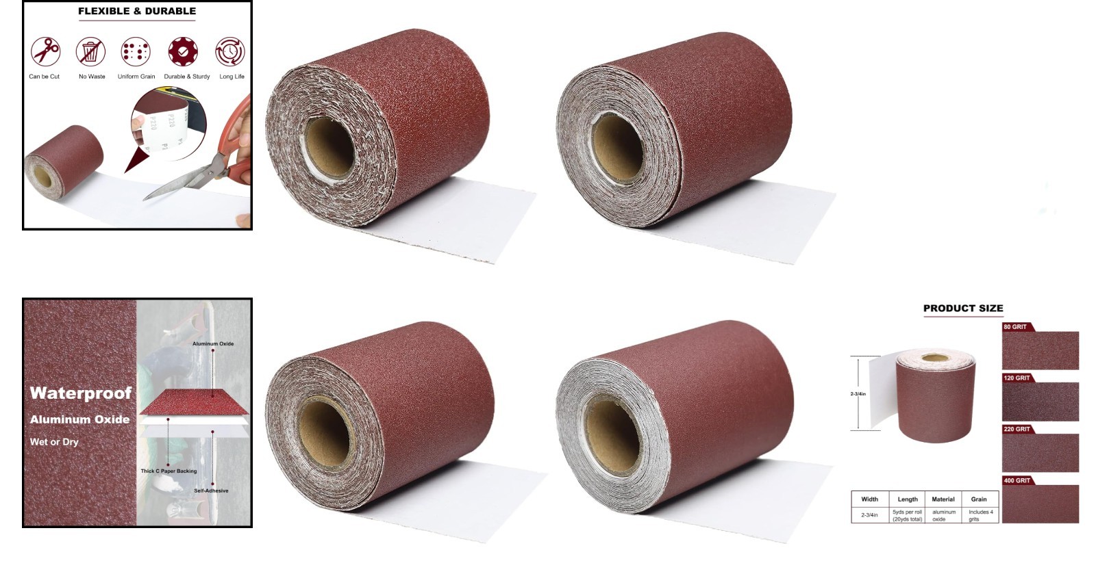 Total 20 Yard 2-3/4 Inch Wide PSA Sandpaper Roll Assorted – 80 120 220 400 Grits
