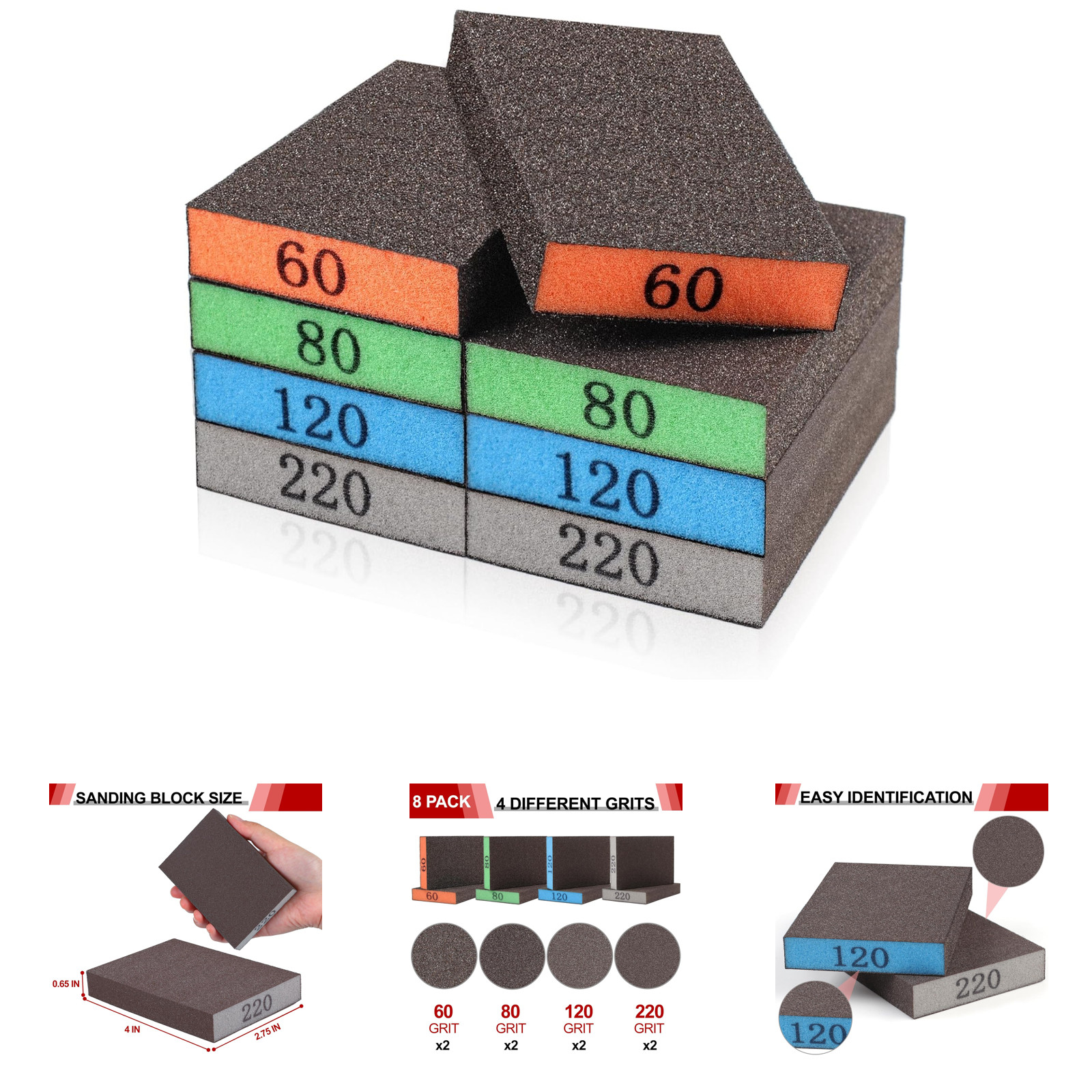Sanding Sponge Assortment 8 Pack Includes 60 80 120 220 Grit Reusable for