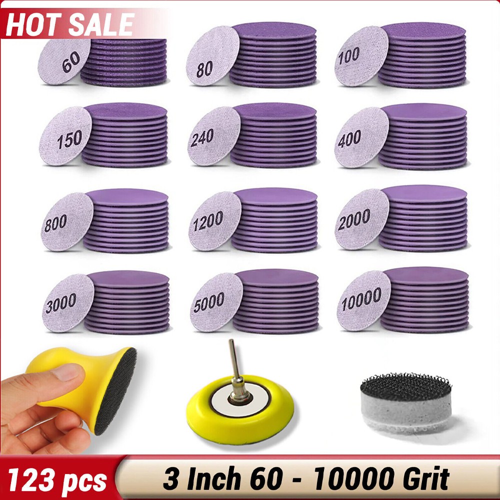 123X 3in Aluminum Oxide Sandpaper 60-10000 Grit Sanding Discs Paper Hook Loop
