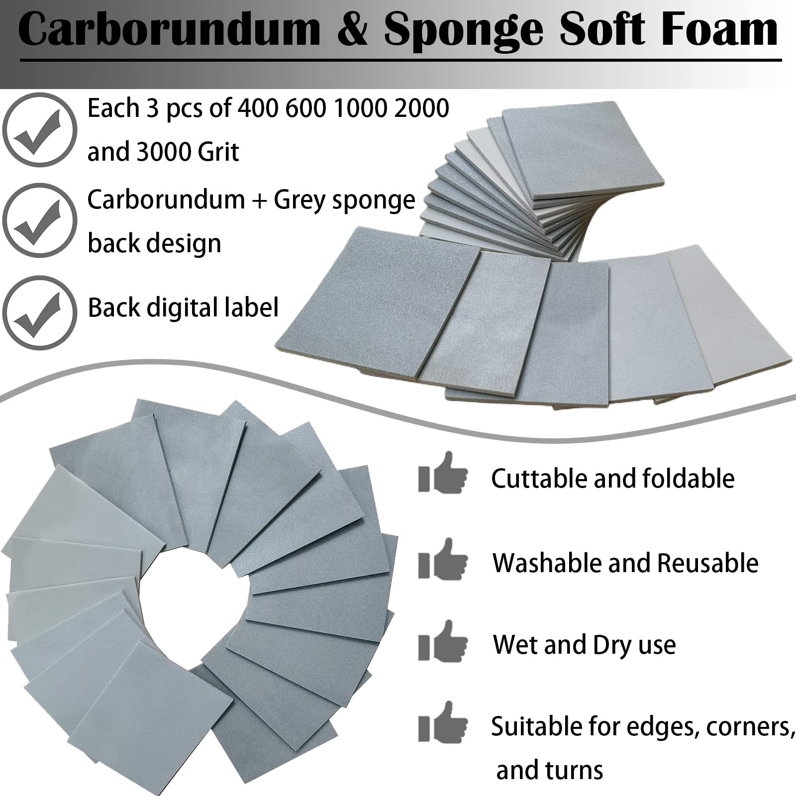 Tockrop 15 PCS 400-3000 Grit Sanding Sponge Set, 4.5 x 5.5 Inch Wet or Gray