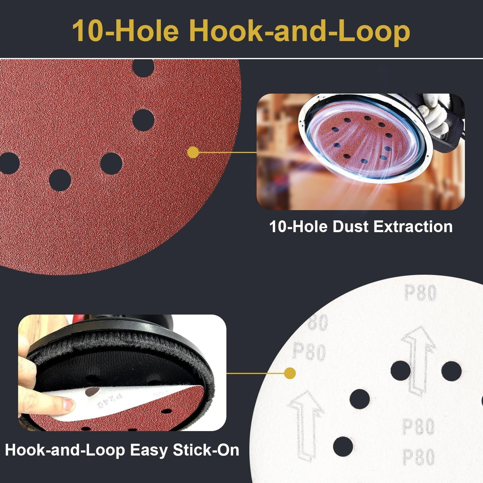 UQIPLB 50 Pcs 9 Inch Sanding Discs, 10-Hole Hook And Loop Round Sandpaper