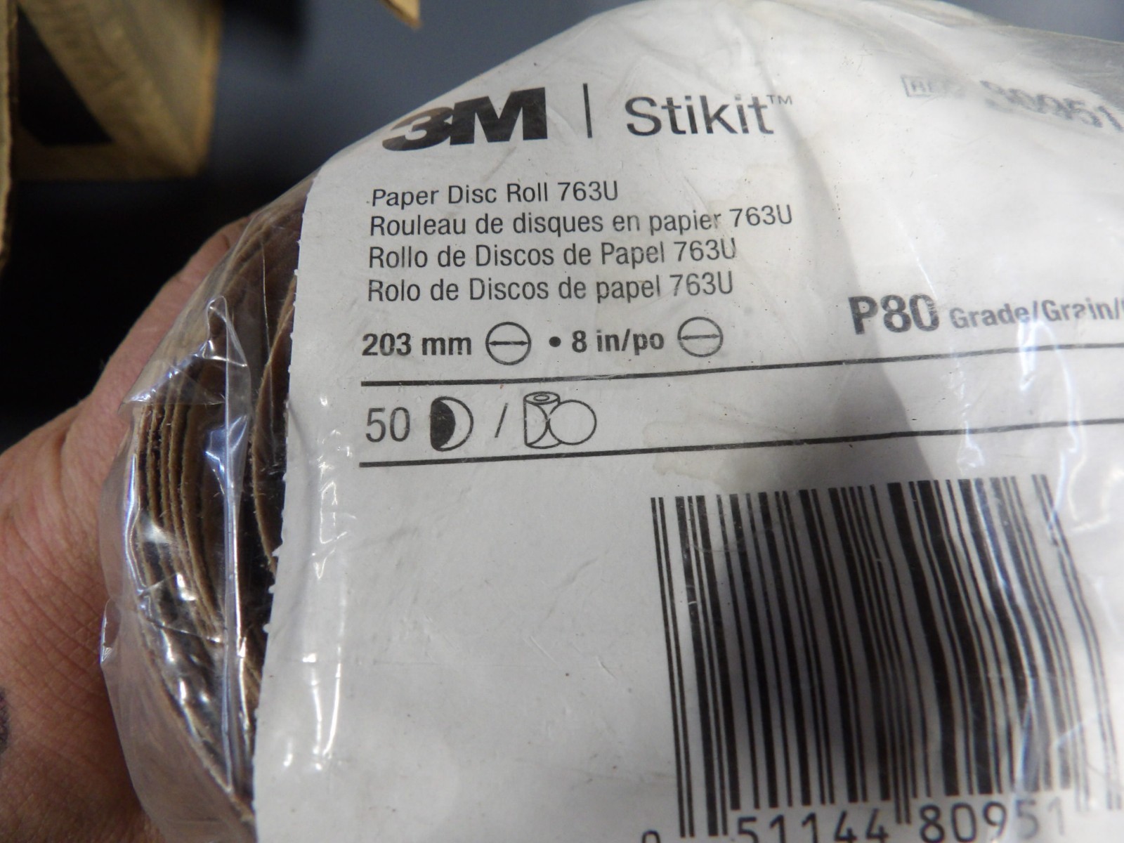 3M Stikit Paper Disc Roll 763U, P80 , 8 in * 50 Discs/Roll x 4 rolls in case