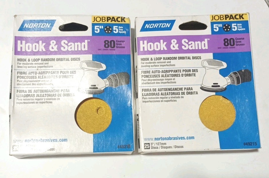 50 Norton 5″ Hook & Loop Sanding Discs * 80 Grit * 5 Hole * 2 Pks of 25 * 49215