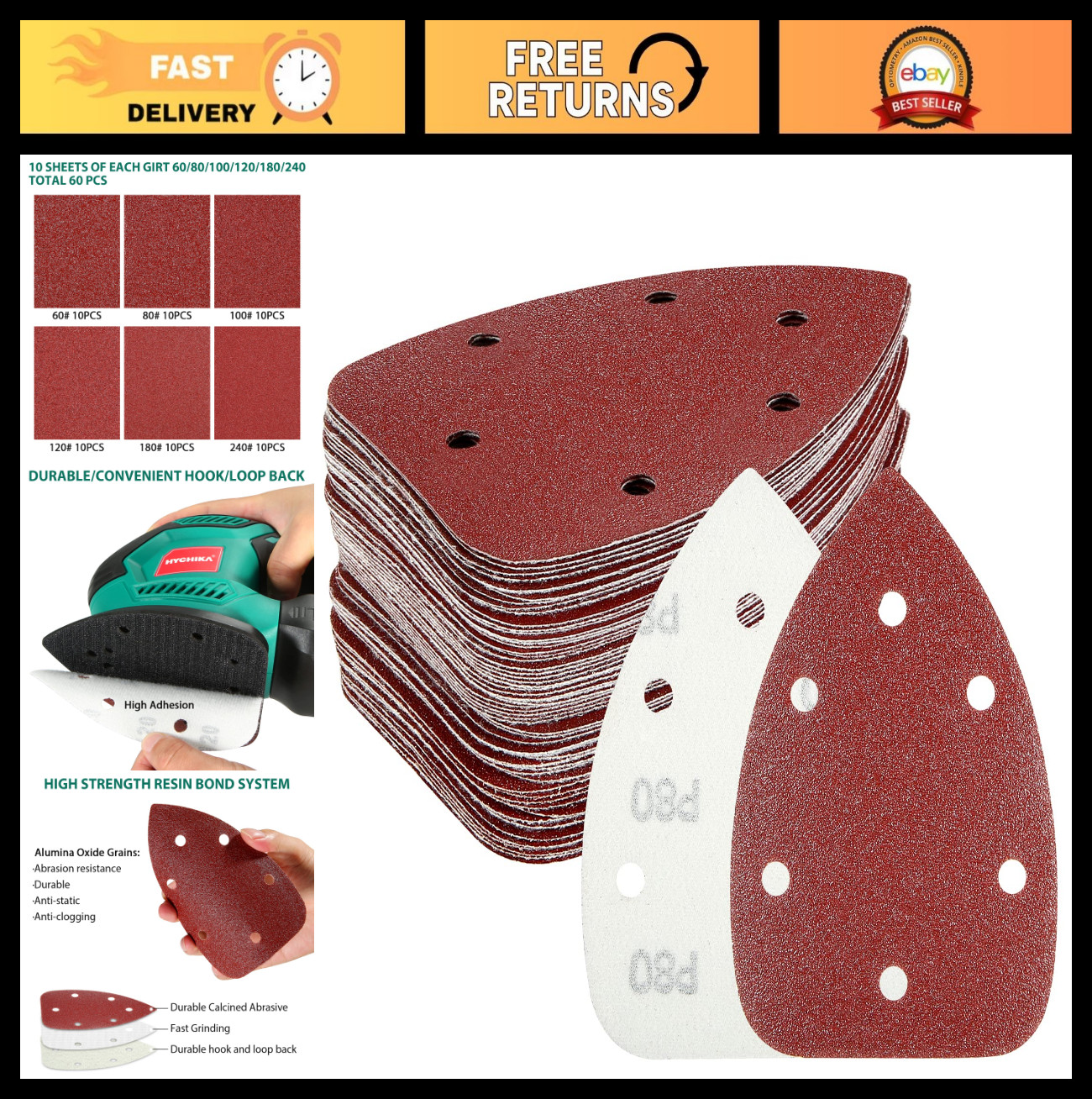 60PCS Triangular Sandpaper Assorted Grits 60/80/100/120/180/240 for Wood Sander
