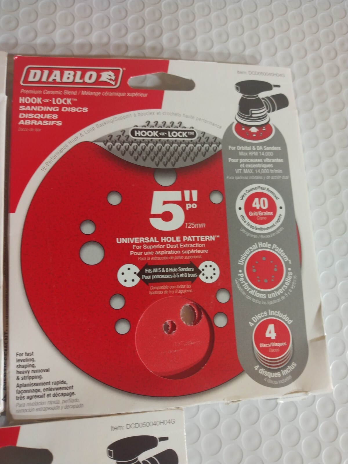 5 Pks Diablo 5in Ceramic Blend Hook and Lock Sanding Disc 40 Grit Extra Coarse 4
