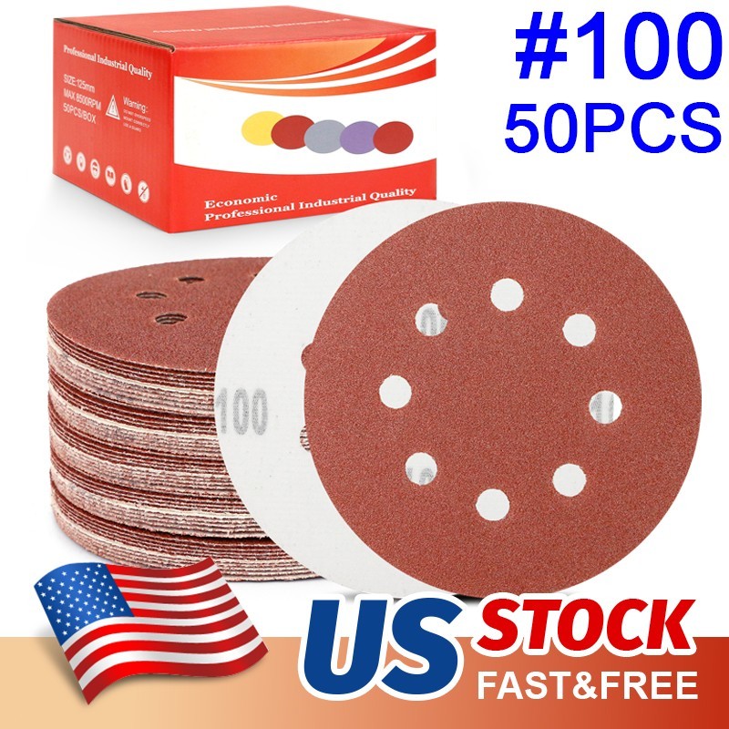 50x 100# Sanding Discs 5″ Hook Loop 8 Hole Flocked Sandpaper for Orbital Sander