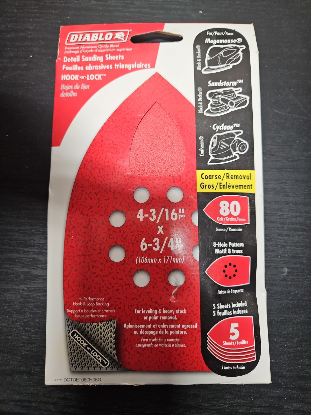 Diablo MegaMouse 4-3/16”x 6-3/4” Aluminum Oxide Hook and Lock Sanding Disc 80 G