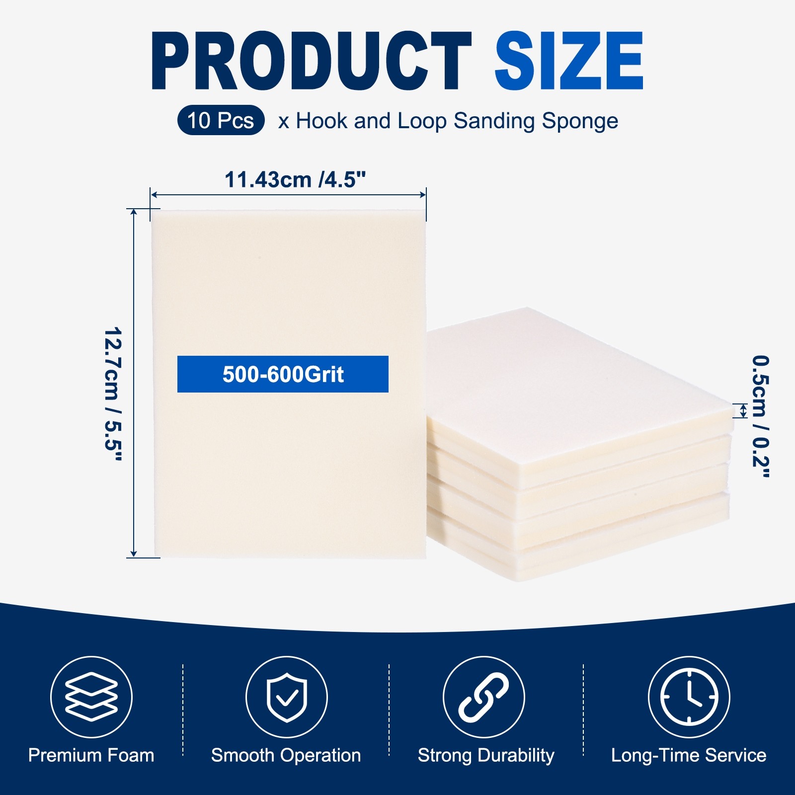 10 Pcs 500-600 Grit 5.5 x 4.5 Inch Hook & Loop Foam Sanding Blocks, White