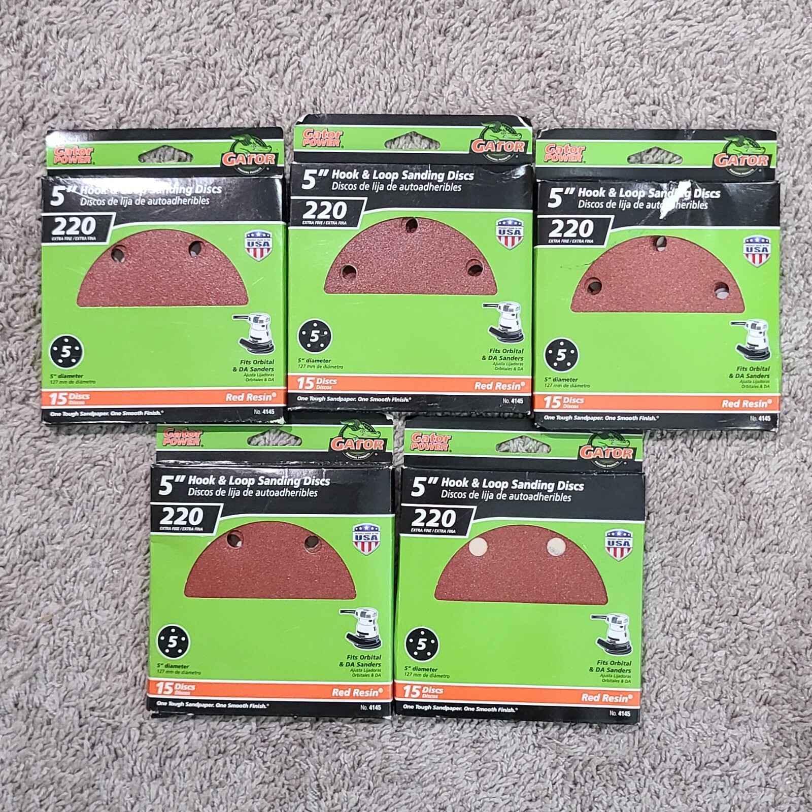 5 Packs Gator Power 5″ Hook And Loop Sanding Discs 220 Extra Fine 15 Discs 4145