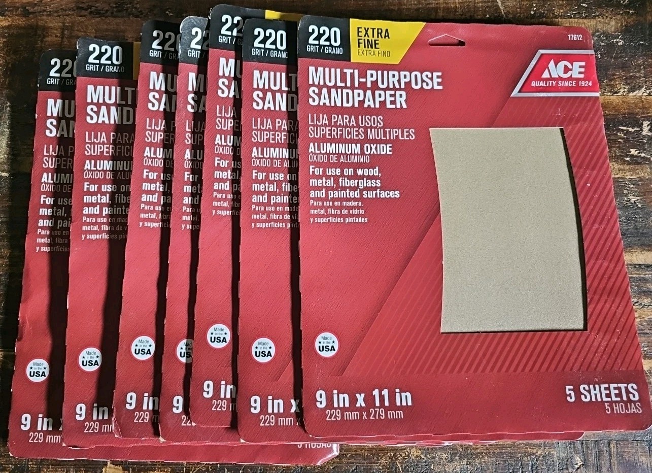35 Sandpaper Sheets 220 Grit Extra Fine 9″ x 11″ by ACE 35 Sheets, Set Of 7