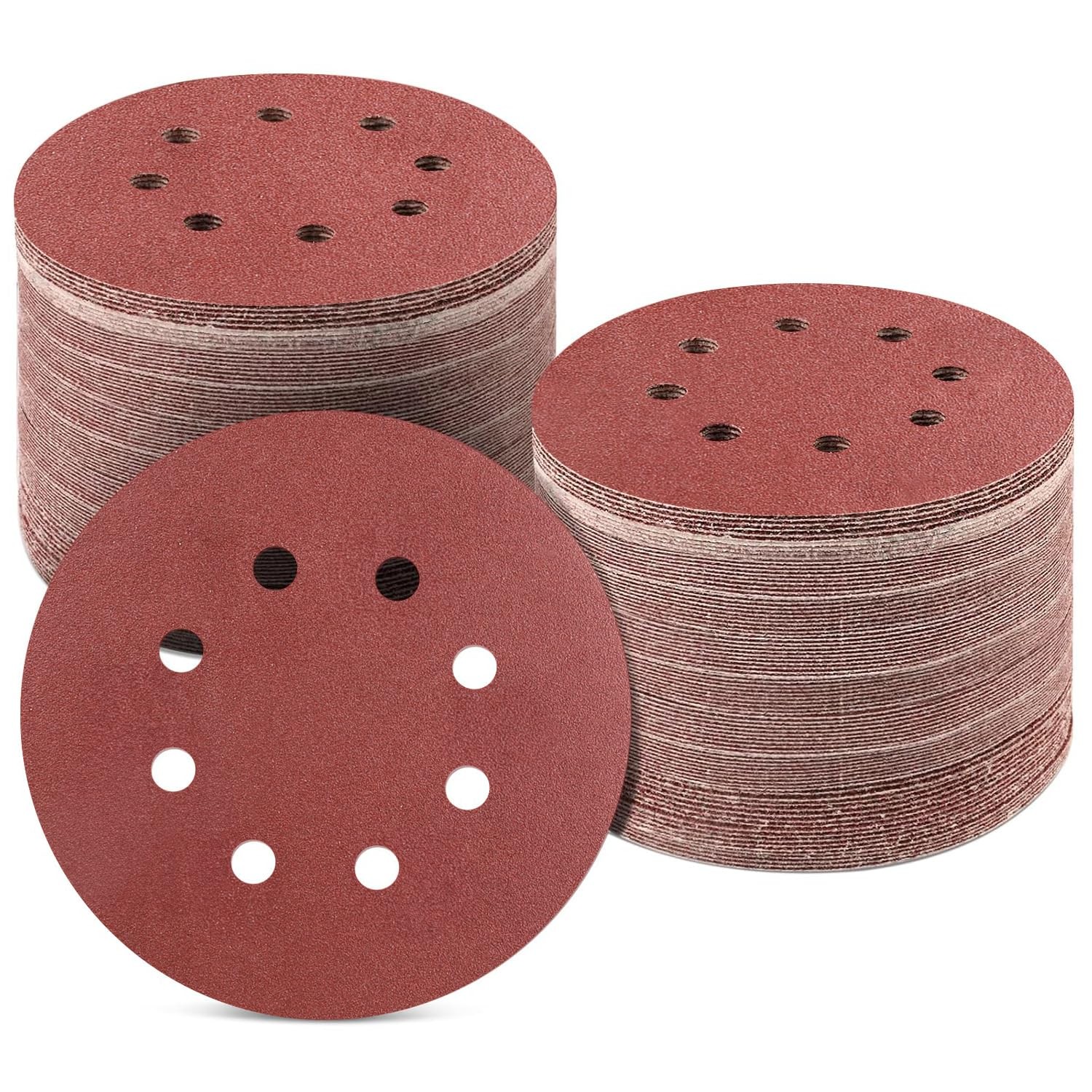 50Pack 5in 8 Hole Sanding Discs 120 Grit Hook Loop Round AO Sandpaper For Sander
