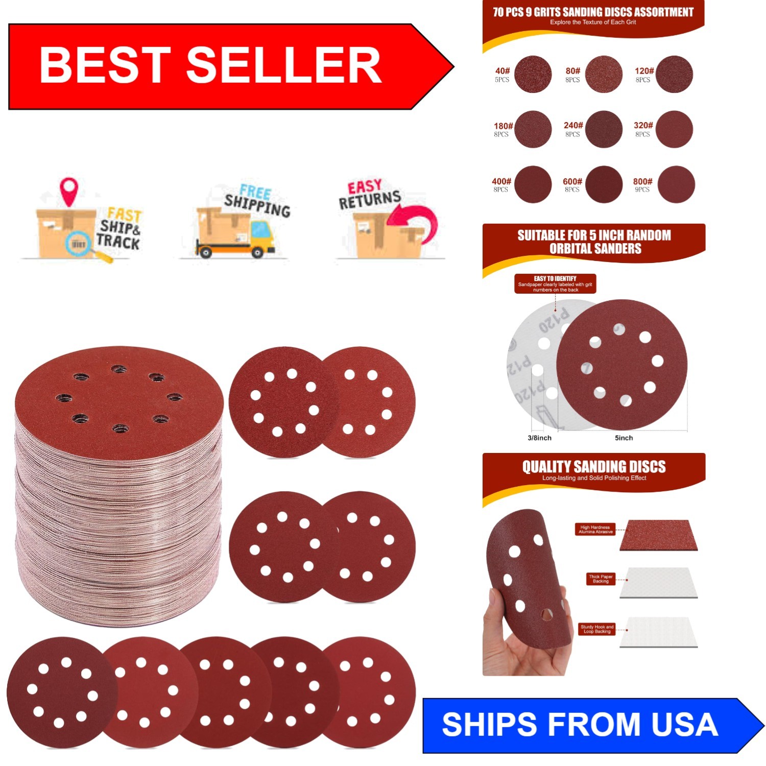 Versatile 70 PCS Aluminum Oxide Sanding Discs – All Grits 5 Inches for Polishing