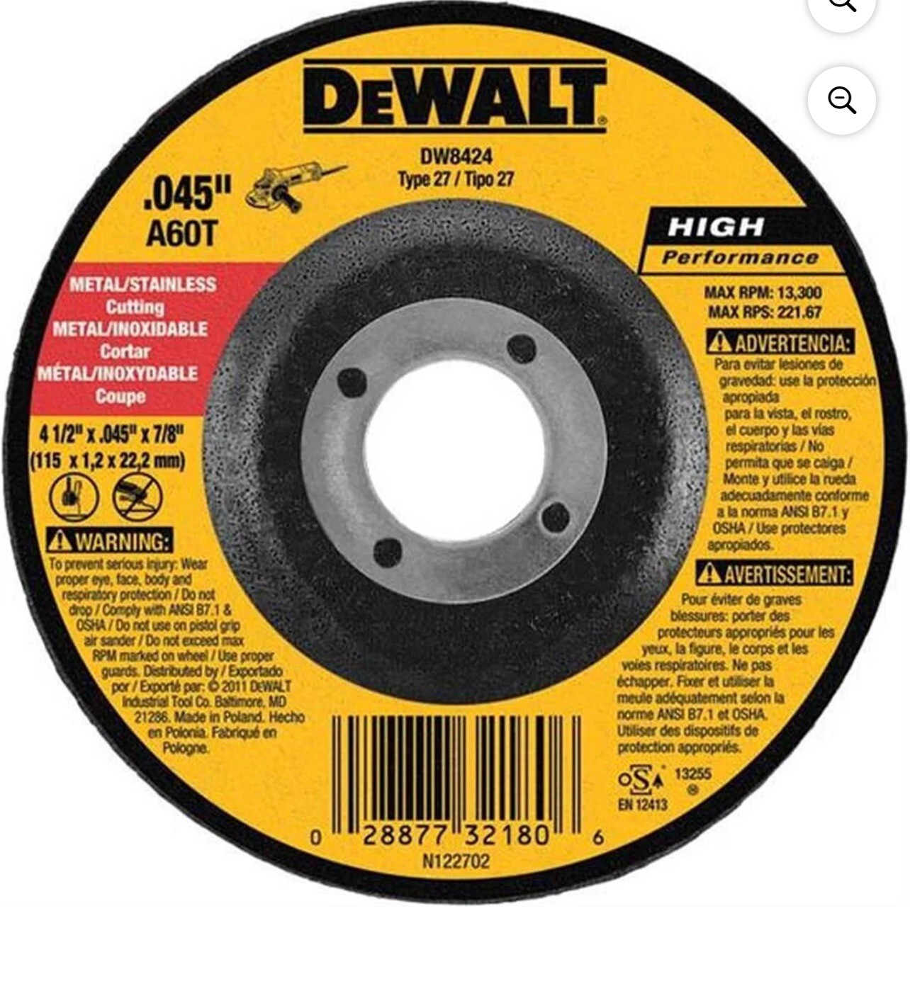 DW8424 4-1/2″ x .045″ x 7/8″ Dewalt Cutting Grinding Wheel TP27 High Performance