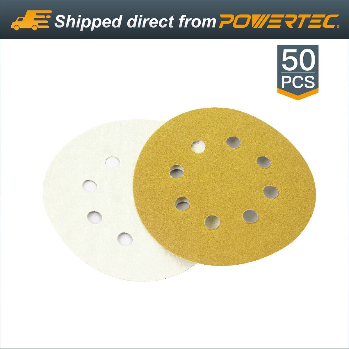 POWERTEC A/O Hook&Loop 8 Hole Disc 5″ 150 Grits Gold Sanding Disc 50s 44015G-50