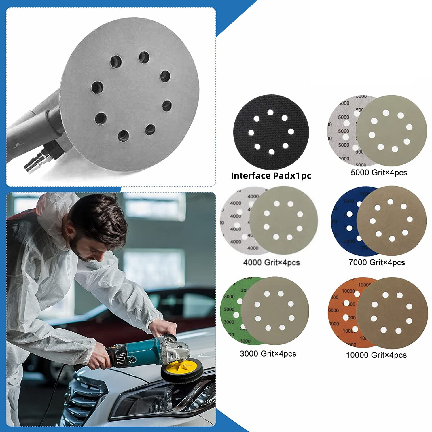 SATC 21PCS 5”(125mm) Silicon Carbide Sanding Disc P3000-10000 Assorted W/Pad