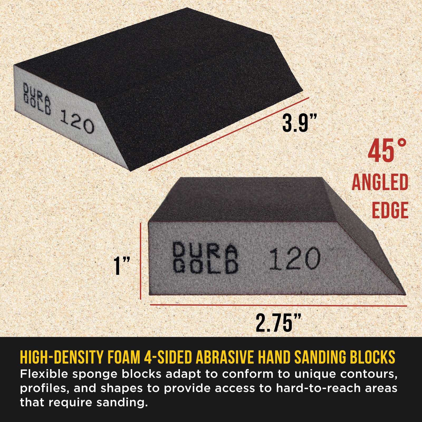 120 Grit Hand Sanding Block Sponges Angled Edge, Box of 6 – 3.9″ x 2.75″ Wet/Dry