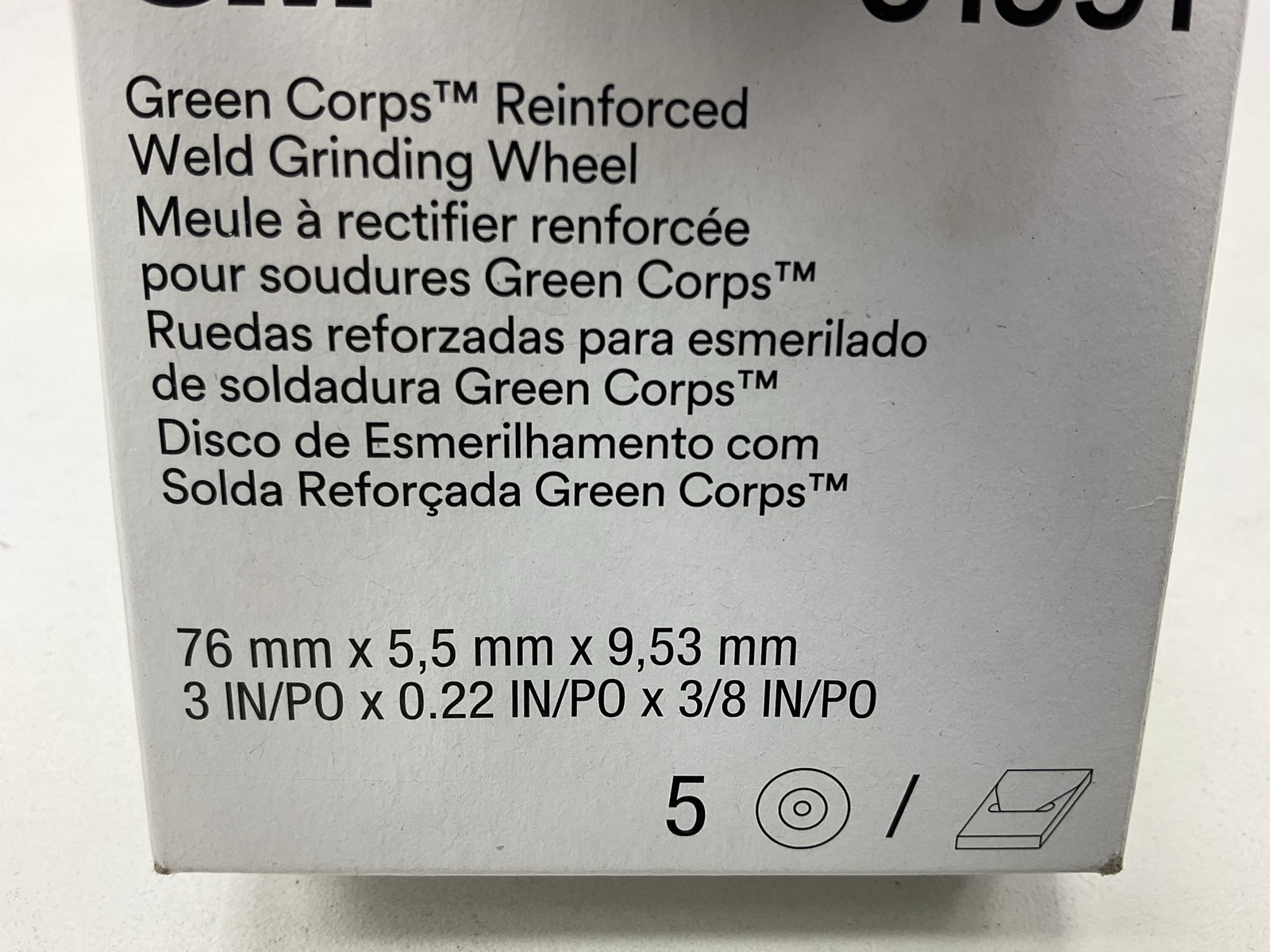 (5) 3M 01991 Green Corps Reinforced Weld Grinding Wheel 3″ X 0.22″ X 3/8″