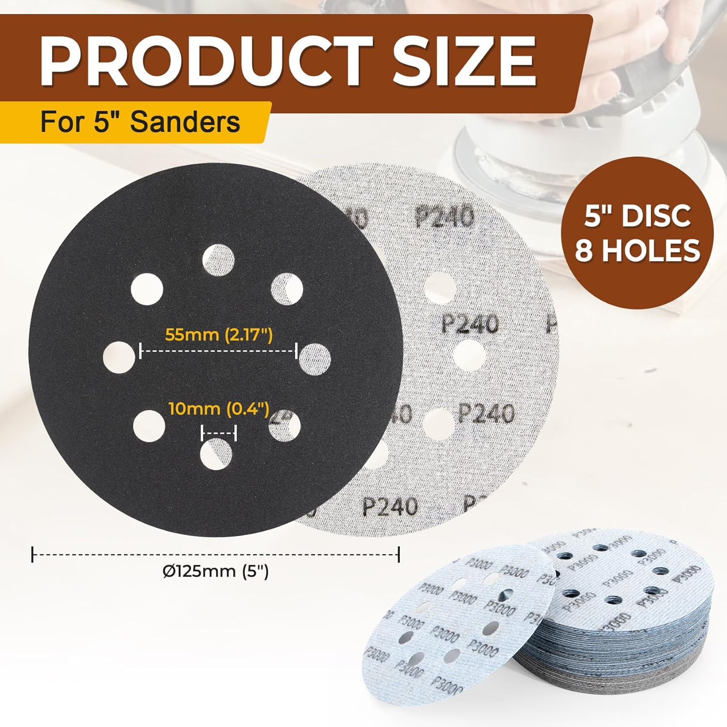 36-Piece Hook and Loop Sanding Discs Set 125Mm 5-Inch 8-Hole Sandpaper Include 2