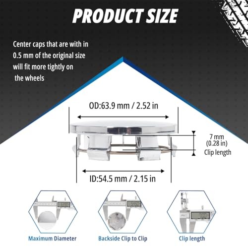 4 Pack 63.9 mm/2.52 in Wheel Center Caps Kit for 2015-2022 Challenger chome