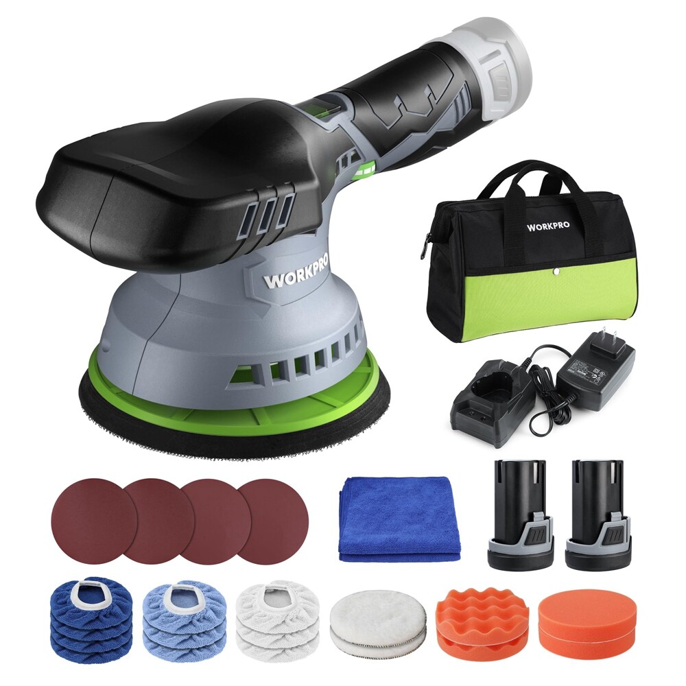 WORKPRO 12V 6inch Cordless Car Buffer Polisher Dual Action Polisher 2PCS Battery