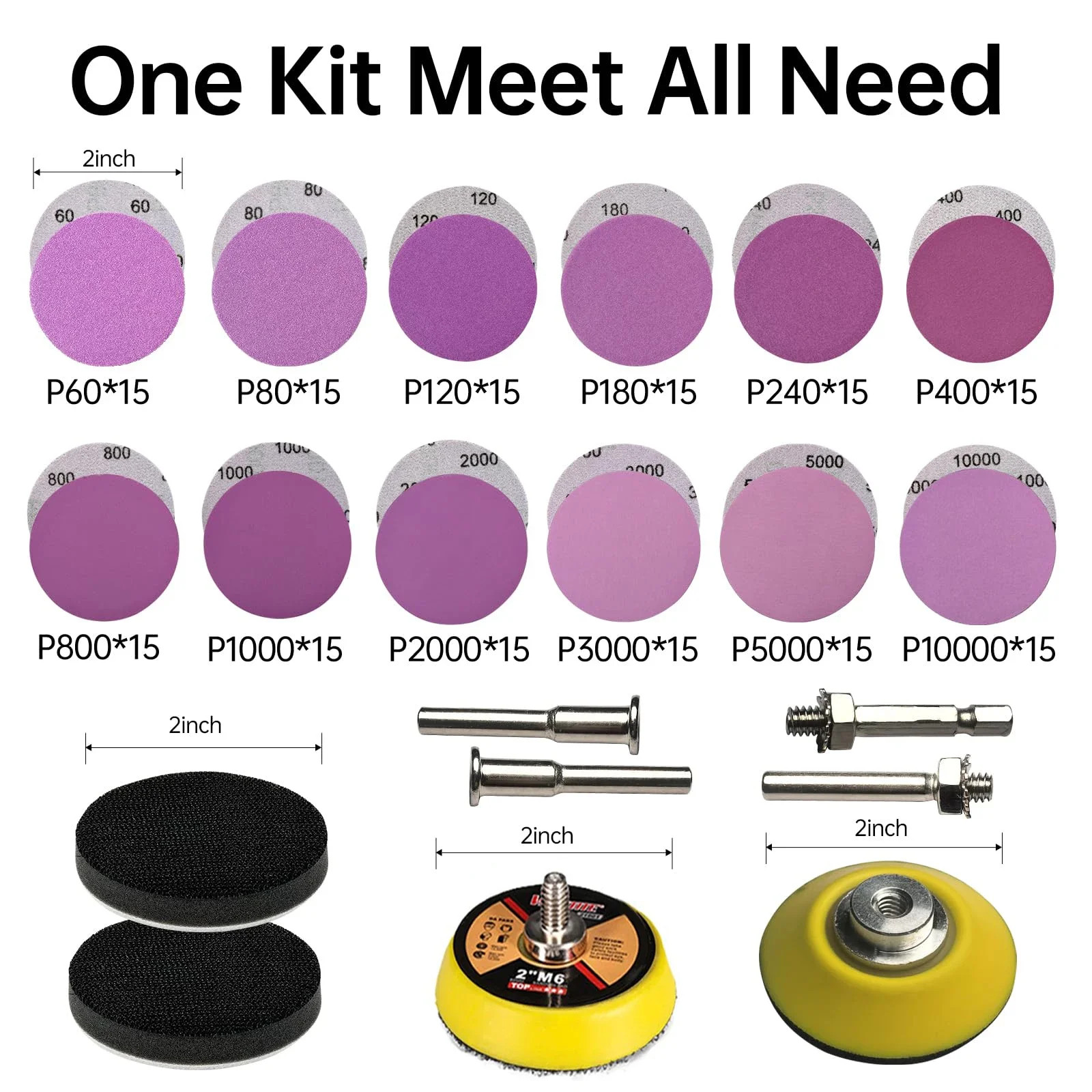 188 Pcs Hook and Loop Sandpaper 2 Inch Assorted 60 to 10000 Grits with 1/8″ 1/4”