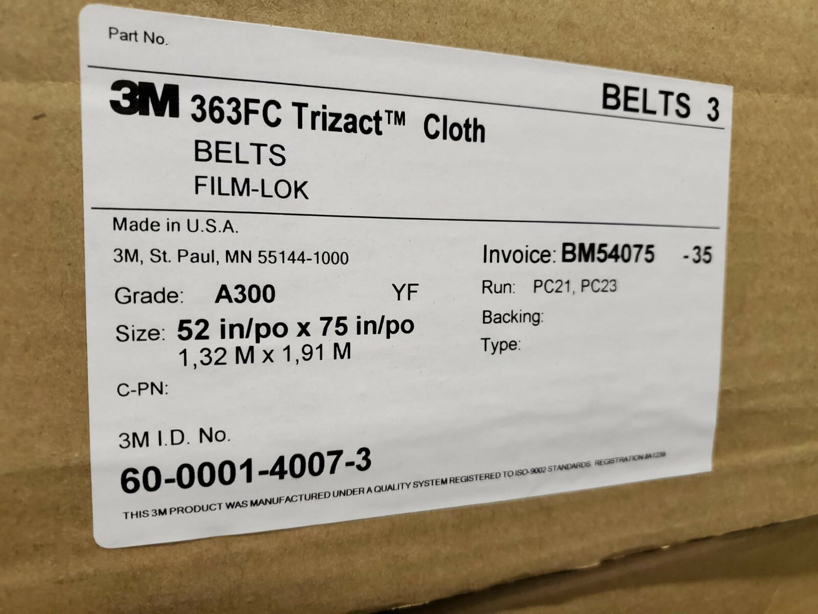 3M Trizact Cloth Sander Belts 52″ X 75″ Wet/Dry 363FC Grade A300 Timesaver