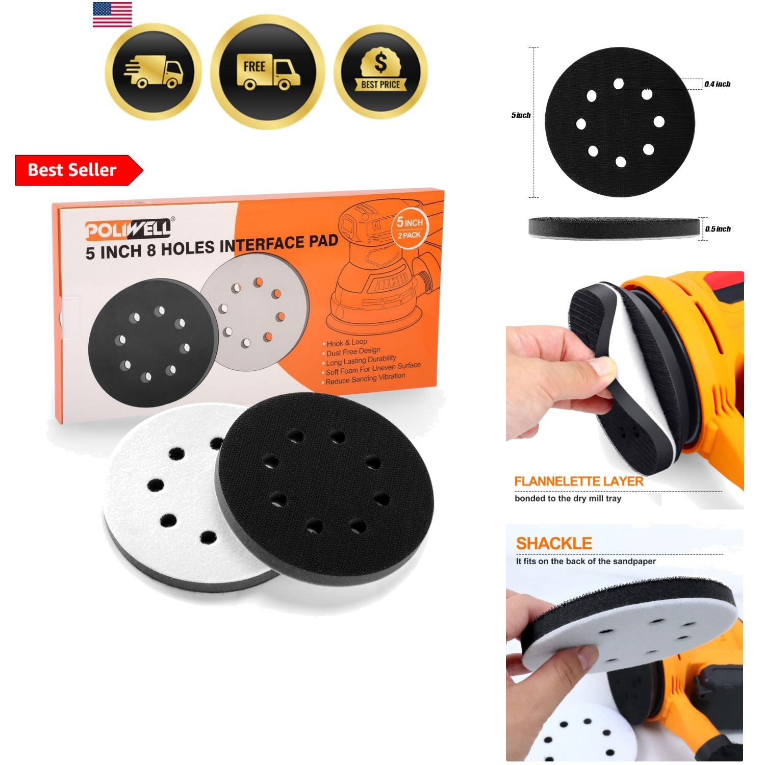5 Inch 8 Holes Interface Pad, 5” Orbital Sander Foam Pad for 5 in Orbital San…