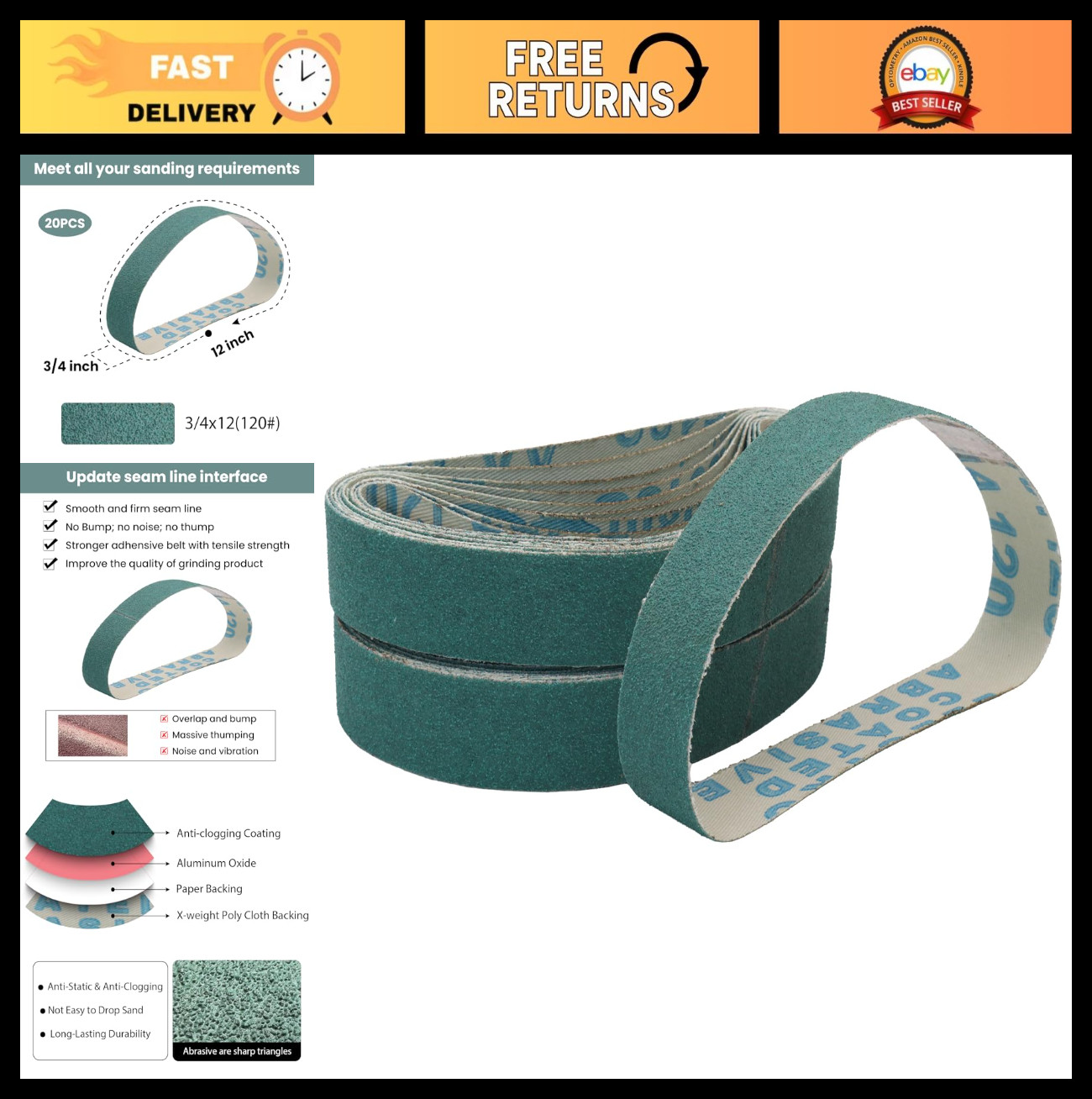 20PCS 3/4″x12″ Sanding Belts 120 Grit – Ceramic & Aluminum Oxide for Knife Sharp