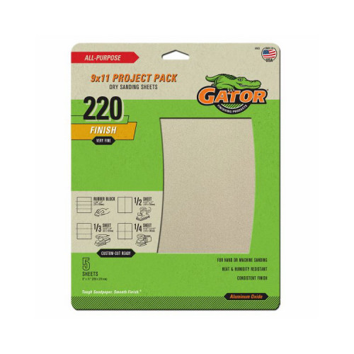 Gator Grit 4443 Sandpaper, Extra Fine 220-Grit, 9-In. x 11-Ft., 5-Pk. – Quantity