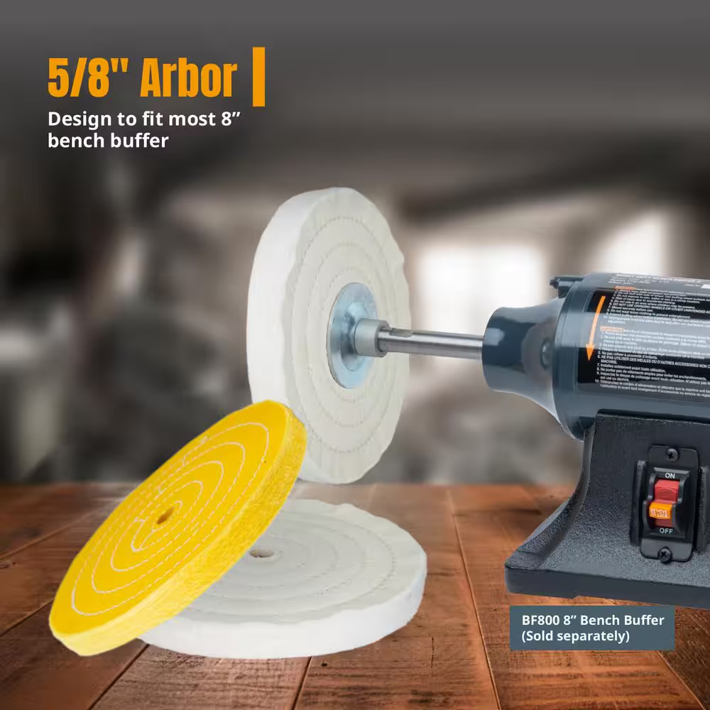 8 In. Buffing Wheels, White Cotton (70 Ply) and Yellow Cotton (42 Ply), 5/8 In.
