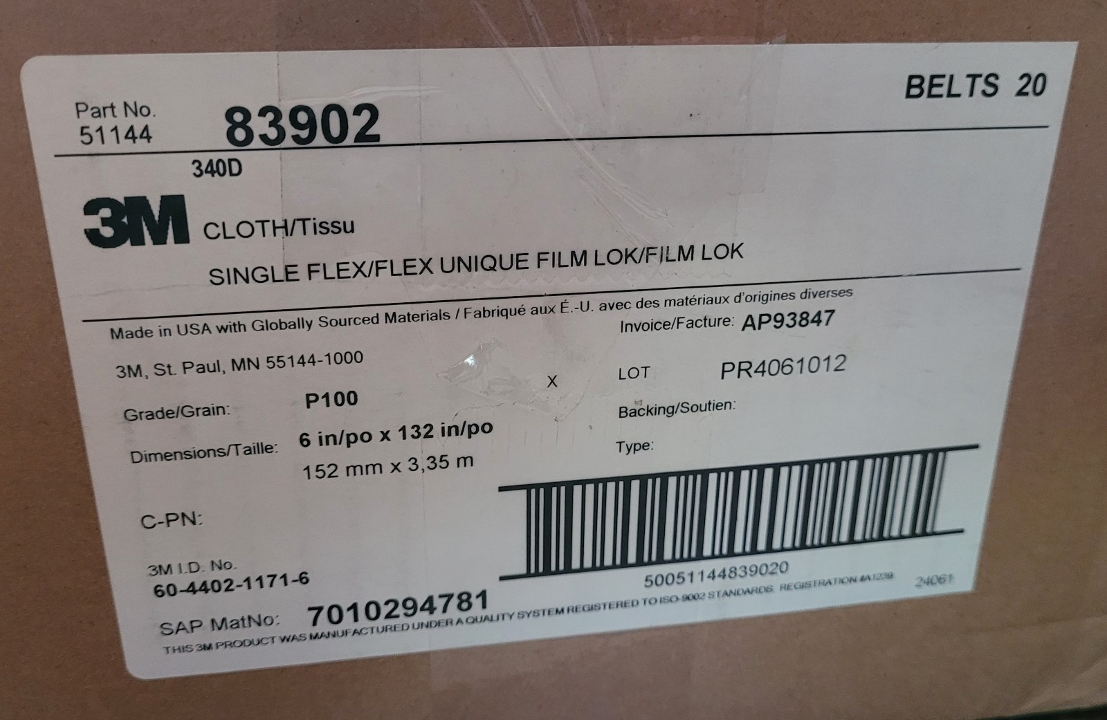 3M Cloth Belts 51144 83902 P100 Grit 6” X 132” 152mm X 3.35mm Single Flex 2 PACK