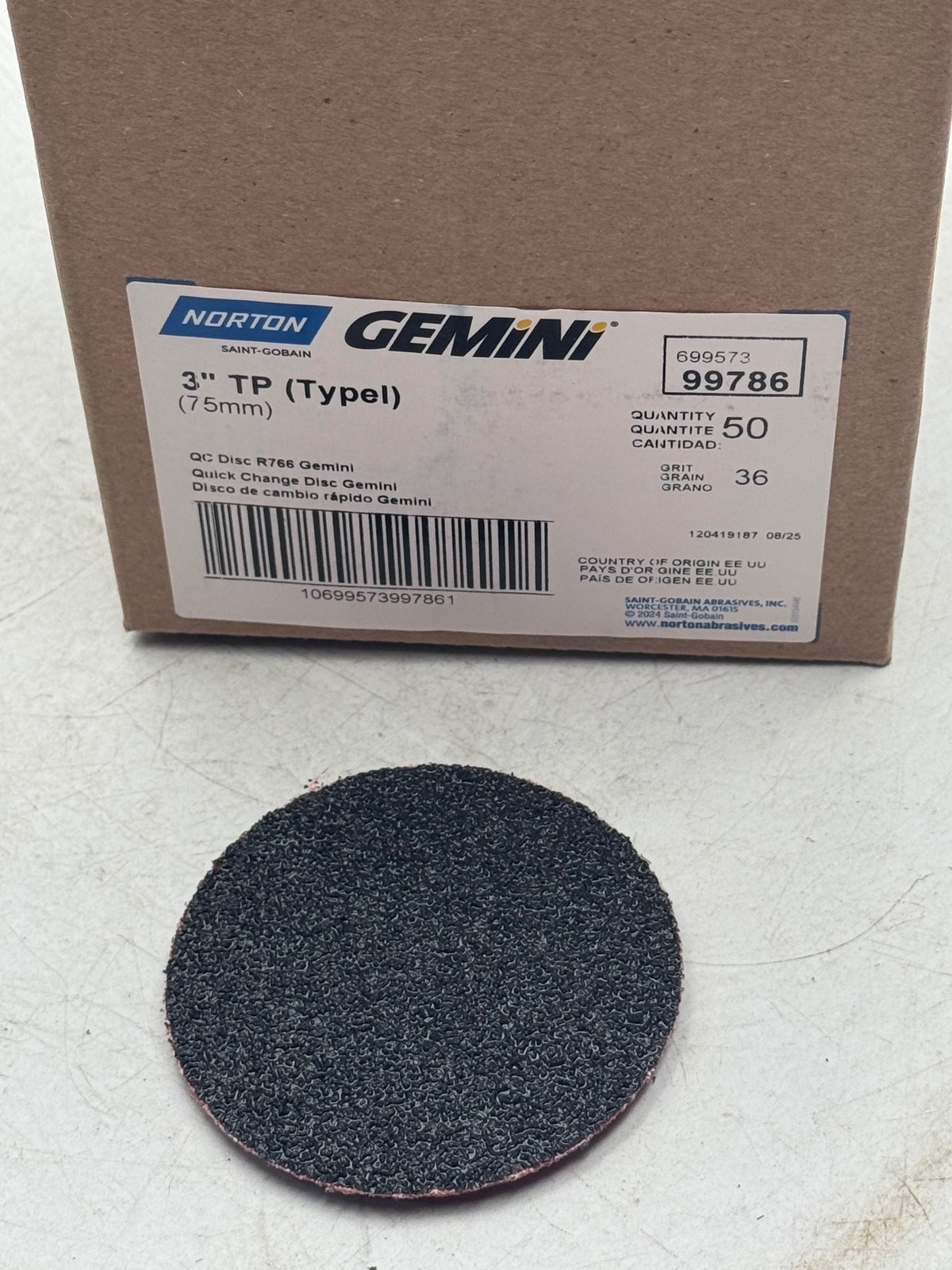 Norton Gemini Abrasive Discs 3in 36 Grit Quick Change 75mm TP R766 QC-50PK