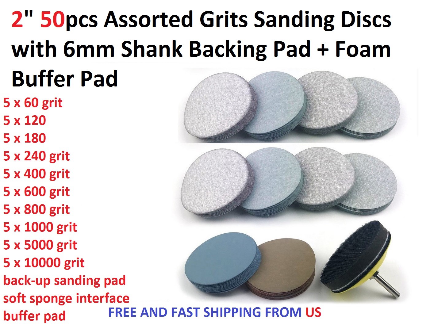 2″ 50pcs Assorted Grits Sanding Discs with 6mm Shank Backing Pad + Foam Pad