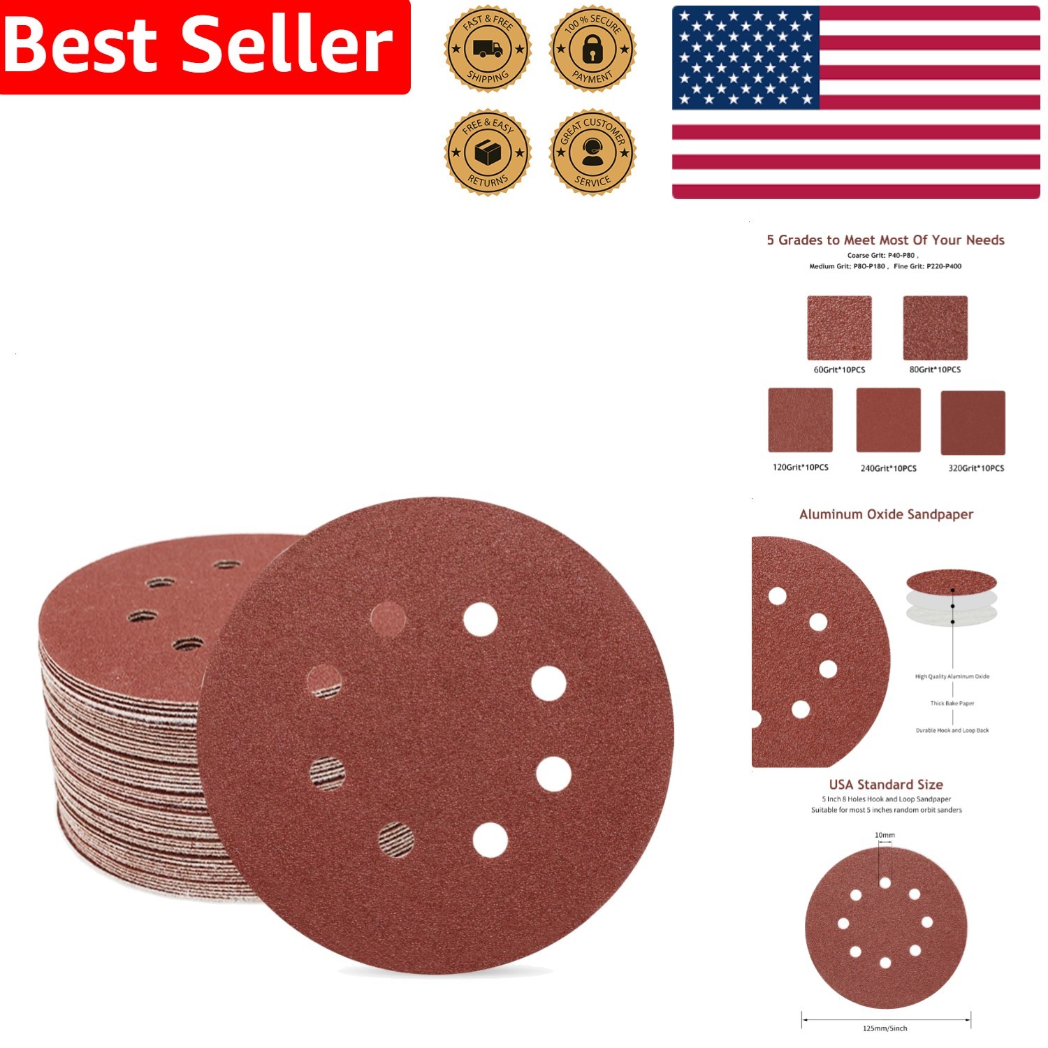 8-Hole Hook & Loop Assorted Grits Aluminum Oxide Orbital