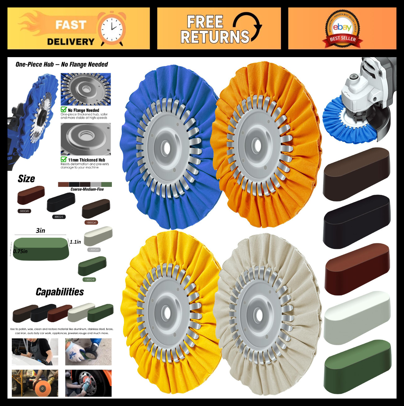 9PCS Aluminum Polishing Kit – 8″ Buffing Wheel, Polishing Rouge, Angle Grinder A