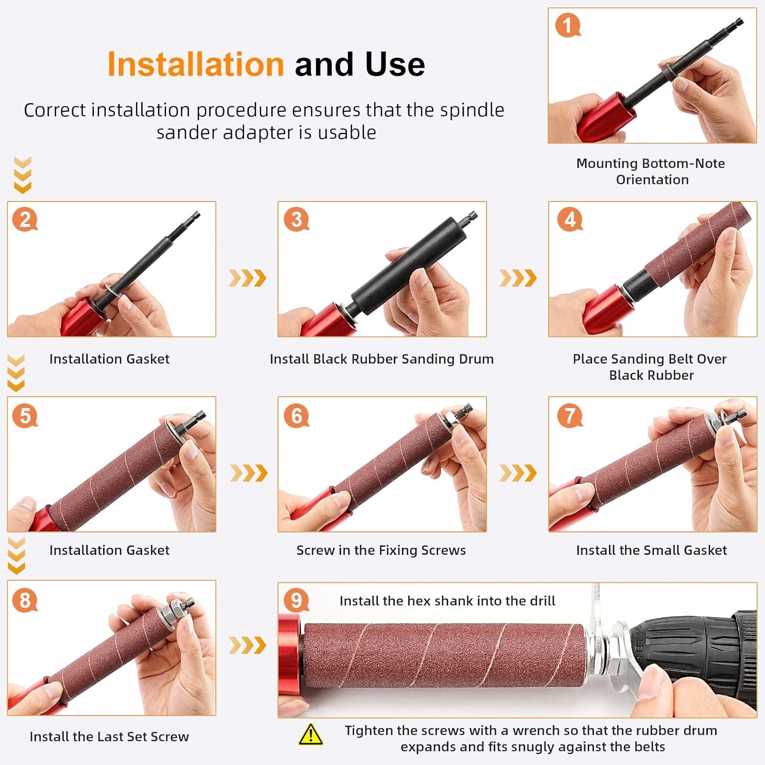 Spindle Sander Adaptor Kit Drum Sander for Drill, Handheld Rubber Sanding Drums