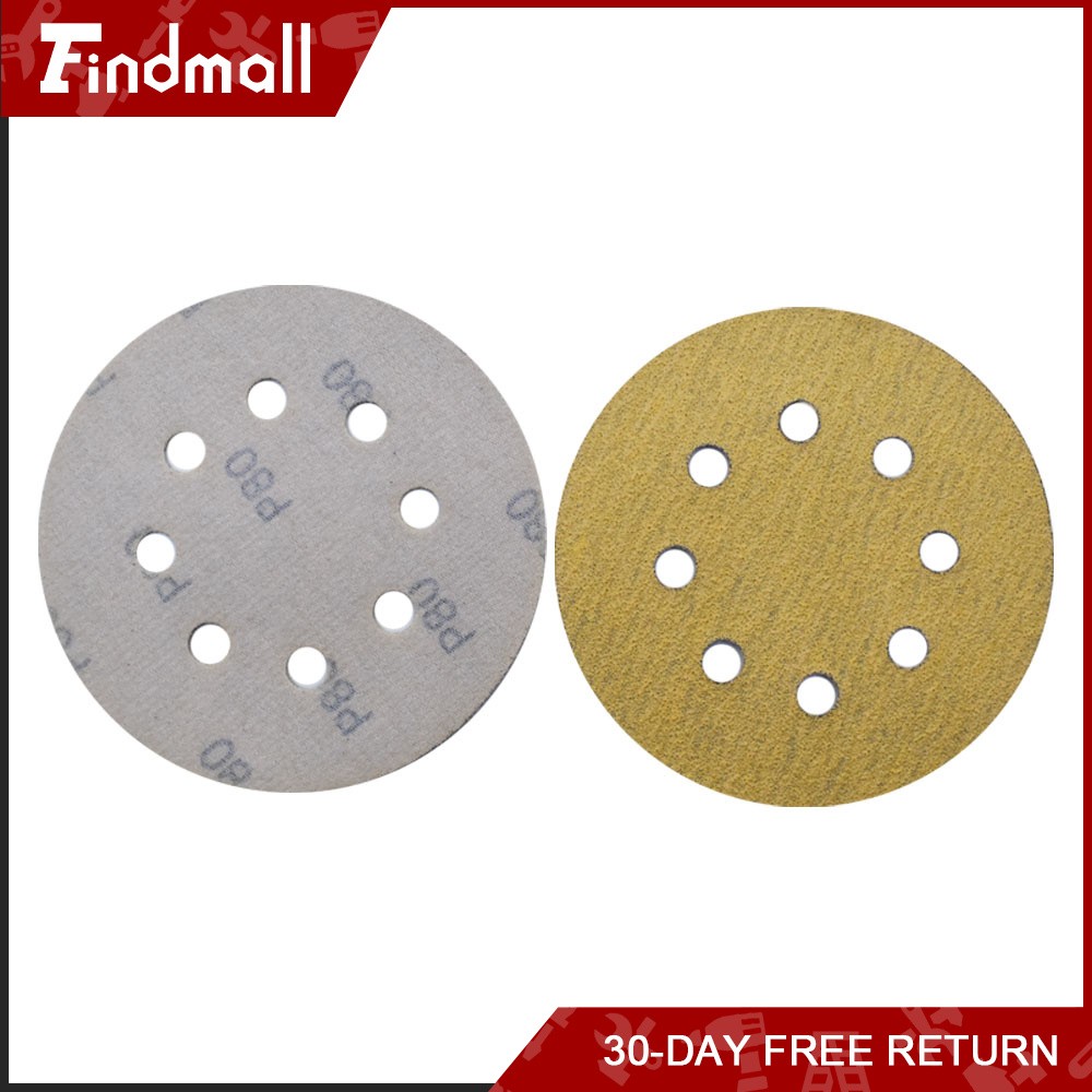 Findmall 100 Pieces 5 Inch 8-Hole 80 Grit Hook and Loop Sanding Discs