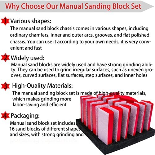 16-Piece Hand Sanding Block Set – Contoured Profile, Hook & Loop, Assorted Shape