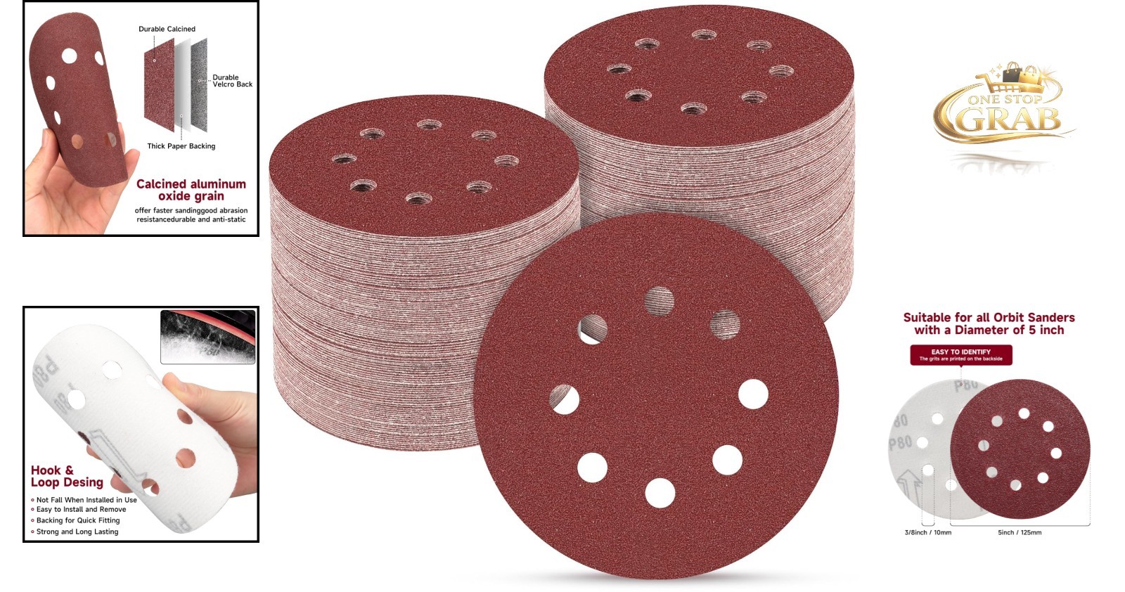 165PCS Sanding Discs 5 Inch Assorted Grits for Orbital Sander, Metal & Wood