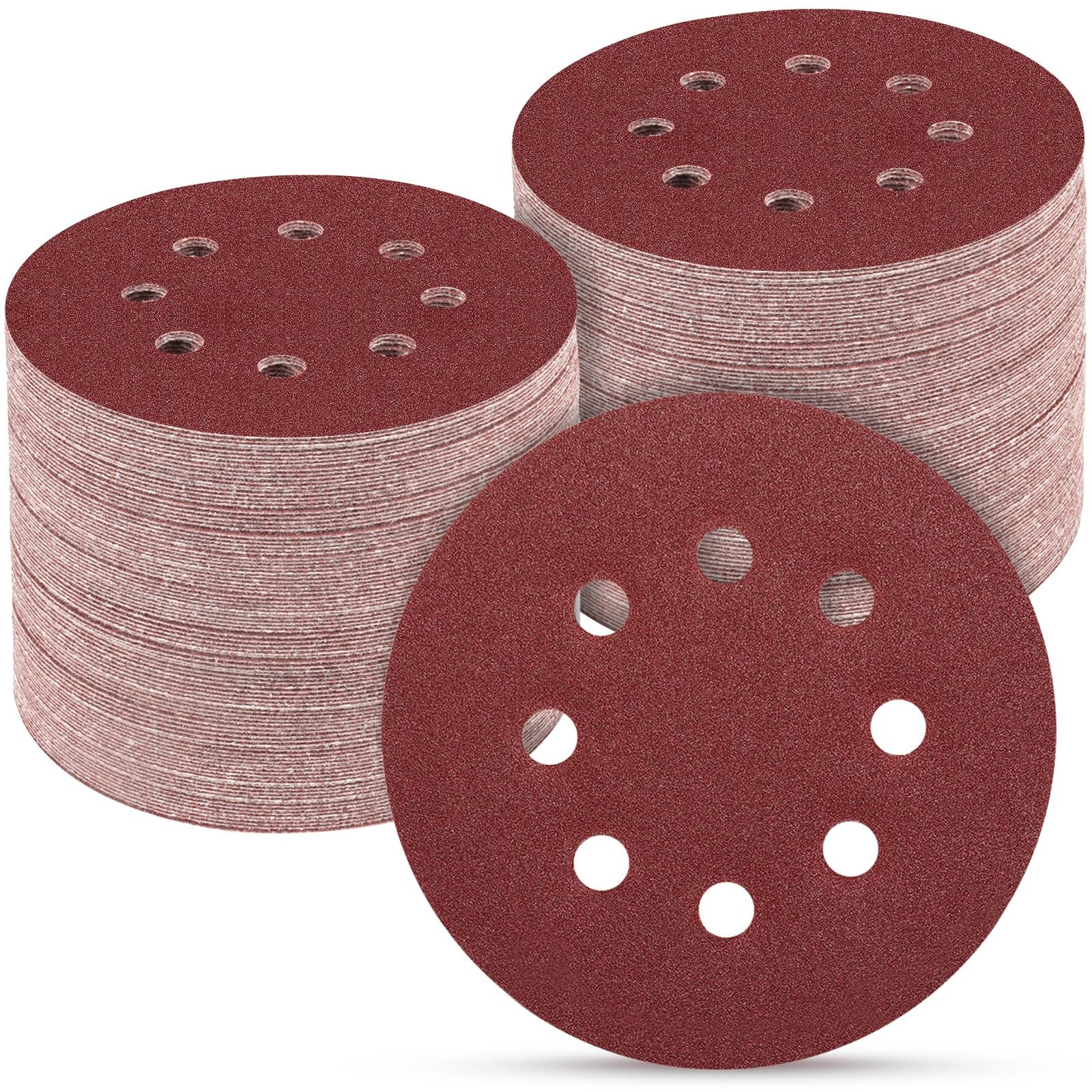 POTUINOM 100 PCS 5 Inch Sanding Discs 100 Grit, Round Hook and 5 inch, Red