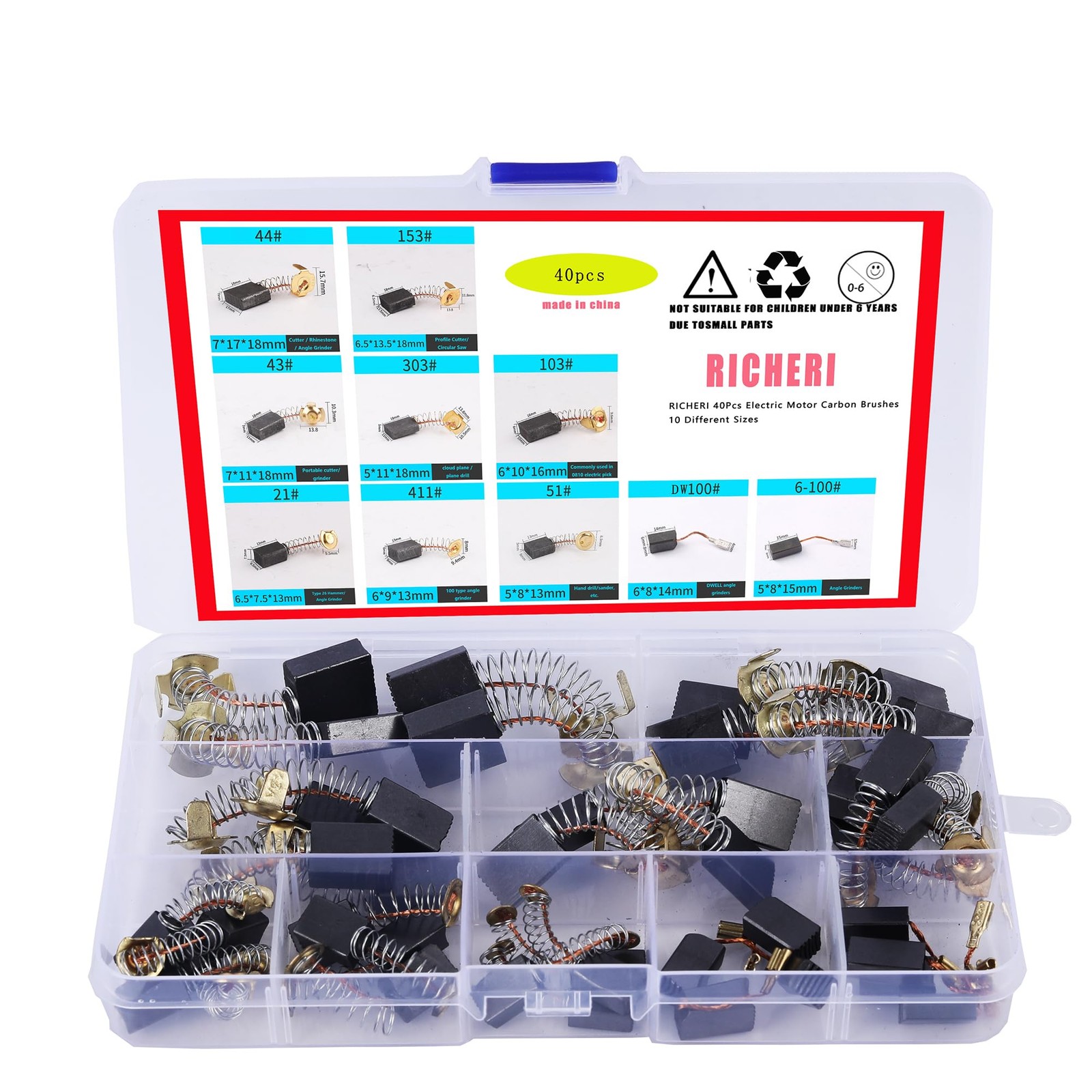 RICHERI 40Pcs Electric Motor Carbon Brushes 10 Different Sizes 10size, BLACK