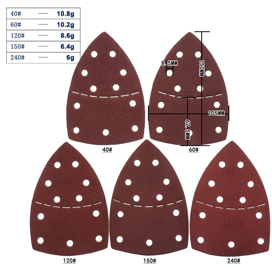 P40-P320 Sanding Sheets Hook&Loop Triangle Palm Sander Pads Sandpaper 11 Hole